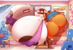 1girls anthro areola_slip areolae ass boots breasts brown_hair choker colossal_ass colossal_breasts female female_focus female_only furry hips hyper hyper_ass hyper_breasts ill-fitting_clothes jaeh large_ass large_breasts lips nipple_bulge orange_fur purple_eyes short_shorts shorts stelardactek stuck_in_door thick_thighs thighs wide_hips