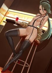 1girl black_thighhighs breasts cleft_of_venus commentary commission english_commentary full_body green_hair haraya_manawari high_heels long_hair nipples nude pokemon pokemon_scarlet_and_violet ponytail pussy red_eyes rika_(pokemon) small_breasts solo thighhighs uncensored