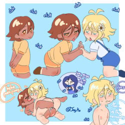 1girl 2boys arms_behind_back ass basil_(omori) blonde_eyebrows blonde_hair blue_background blue_eyes blue_hair blush brown_eyes brown_hair camera camera_flash clenched_teeth dark-skinned_male dark_skin english_text flower flower_on_head french_kiss from_behind frown hair_between_eyes highres interlocked_fingers jay_ko_(artist) kel_(omori) kiss kneeling kodomo_doushi laughing long_hair looking_at_viewer looking_back lying lying_on_another lying_on_person male_focus mari_(omori) multiple_boys narrowed_eyes nipples nude omori on_back on_stomach open_mouth photo_shoot plump saliva saliva_trail seductive_gaze sexually_suggestive shirt shoes short_hair shorts simple_background smile speech_bubble suspenders sweat taking_picture teeth thong tongue tongue_out topless_female topless_male trap underwear yaoi