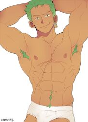 1boy abs armpits bara bara_body bara_tiddies bara_tits barazoku biceps bigger_male cute cute_face cute_male defined_muscles earrings exhibitionism frown frowning gay green_armpit_hair green_hair green_pubic_hair half-dressed half_naked half_nude hands_behind_head handsome handsome_man japanese_male looking_at_viewer male male_focus male_only manly masculine masculine_male muscles muscular muscular_male one_piece pecs pectorals pirate pre-timeskip pubic_hair roronoa_zoro scar scar_on_chest six_pack smile solo solo_focus solo_male tall_male taller_male tough_guy triceps underwear underwear_only vidrith
