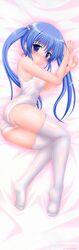 absurdres ass bed_sheet blue_eyes blue_hair blush character_request copyright_request dakimakura female highres kisaragi_mic looking_back lying nipples no_shoes on_side one-piece_swimsuit pillow scan school_swimsuit see-through shiny shiny_skin skindentation solo swimsuit thighhighs wet wet_clothes white_legwear white_school_swimsuit white_swimsuit