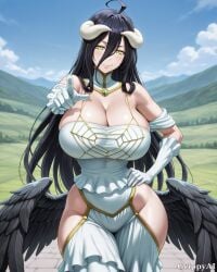 1girl 2d ai_generated albedo anime_style black_hair black_wings cleavage detailed_eyes detailed_face field gloves gold_chains grippyai hand_gesture high_quality horns huge_breasts long_hair looking_at_viewer mountains outdoors overlord pointing shiny_skin smile solo standing white_dress white_horns yellow_eyes