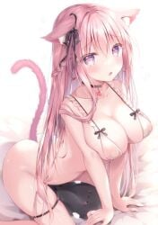 1girl all_fours bed blush bottomless bra breasts cat_ears cat_tail hair_ribbon kneeling large_breasts long_hair nipple_bulge on_bed open_clothes original pink_hair straight_hair watagashi_yui