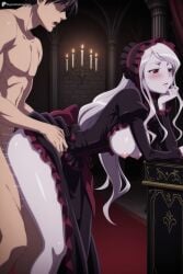 1boy 1girl ai_generated bent_over black_dress black_hair blush breasts breasts_out candle candlestand clothed_female_nude_male clothed_sex colored_skin digitalwaifugallery dress frilled_dress frills grey_skin hetero hi_res high_quality high_resolution indoors large_breasts long_hair long_sleeves nipples nude open_mouth overlord_(maruyama) pale_skin patreon red_eyes seductive sex sex_from_behind sexy shalltear_bloodfallen standing standing_sex uncensored vampire watermark white_hair