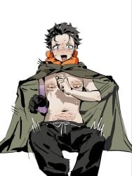 1boy bandaid bandaids_on_nipples black_hair black_pants bleeding blood blood_on_chest blood_on_stomach blush bruise cape commentary_request cuts gloves highres injury lisun1549918 looking_at_viewer male_focus natsuki_subaru navel open_clothes open_mouth pants pasties re:zero_kara_hajimeru_isekai_seikatsu simple_background solo surprised sweatdrop white_background