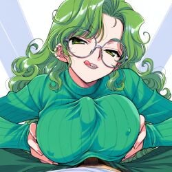ai_generated braces glasses_girl_(rebecca_doodles) green_eyes green_hair green_sweater half-closed_eyes large_glasses licking_lips male_pubic_hair paizuri paizuri_under_clothes round_glasses seductive_smile self_upload tongue_out