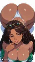 1girl ai_generated areola_slip artist_name ass bare_shoulders bent_over breasts brown_eyes brown_hair cleavage covered_nipples curly_hair dark-skinned_female dark_skin earrings eyewear_on_head finger_to_mouth grand_theft_auto grand_theft_auto_vi hoop_earrings jewelry large_breasts lips long_hair looking_at_viewer necklace off-shoulder_shirt off_shoulder parted_lips patreon questionable rockstar_games seductive_smile senpai_pixels shiny shiny_skin shirt smile solo sunglasses swimsuit thong underwear vice_city_cover_girl white_background