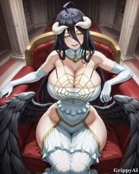 1girl 2d ai_generated albedo anime_style black_hair black_wings castle cleavage detailed_eyes detailed_face gloves gold_chains grippyai high_quality horns huge_breasts indoors long_hair looking_at_viewer overlord red_chair shiny_skin sitting smile solo throne white_dress white_horns yellow_eyes