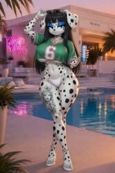 ai_generated black_hair dog_ears earrings fan_character glasses_on_head huge_breasts jewelry large_breasts mobian_(species) oc sonic_(series) sonic_oc wide_hips