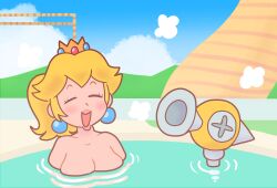 1girls bath blonde_hair blue_earrings blush breasts closed_eyes compysteps crown earrings female female_only fludd hot_spring human light-skinned_female light_skin mario_(series) medium_hair nintendo nude nude_female open_mouth outdoors outside ponytail princess_peach smile solo tagme