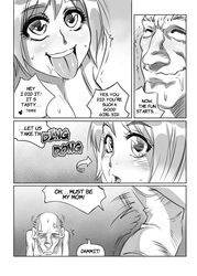 age_difference blush cleavage comic dialog female gokkun looking_up male melkor_mancin monochrome sidney sidney_(comic) sidney_swanson swallowing teen text tongue_out uncle_and_niece