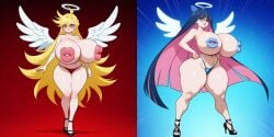 2026 2girls ai ai_generated angel angel_wings bangs bedroom_eyes big_lips black_heels blaste blonde_female blonde_hair blue_bikini blue_eyes blue_hair earrings female female_focus female_only gainax glasses halo huge_breasts large_breasts lipples long_hair mouth_nipples multicolored_hair nipple_mouth panty_&_stocking_with_garterbelt panty_anarchy red_bikini sexy sisters small_waist smile smiling_at_viewer stocking_anarchy studio_trigger thick_thighs tinted_glasses topless wide_hips