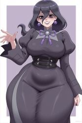 1girl 1girls ai_generated big_breasts black_eyes black_hair breasts curvy dress earrings hair_between_eyes hex_maniac hex_maniac_(pokemon_legends:_z-a) jewelry juliet_sleeves large_breasts long_hair long_sleeves looking_at_viewer pokemon pokemon_legends:_z-a puffy_sleeves purple_eyes radblackai smile solo striped thick_thighs thighs wide_hips