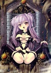 blush boots brandish brandish_(h_manga) breasts cover_page female fingernails hair_intakes highres lavender_hair looking_at_viewer medium_breasts multicolored_eyes nail_polish official_art open_mouth purple_eyes pussy_peek rusty_soul sharp_fingernails skull solo spread_legs succubus succubus_costume thigh_boots thighhighs throne tongue tongue_out twiska two_side_up yellow_eyes