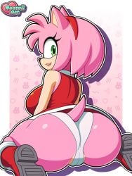 amy_rose ass ass_focus ass_squish boots breasts cameltoe hips hips_wider_than_shoulders kneeling large_ass legs_apart looking_at_viewer looking_back nyazuliart panties pink_body pink_fur pussy_lips red_dress shoulderless_dress shoulders sitting sleeveless sleeveless_dress smiling sonic_(series) tail thick_thighs thighs thighs_bigger_than_head upskirt white_panties wide_hips