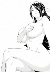 1girls areola_slip azuma_fubuki black_hair breasts chained_soldier huge_breasts large_breasts looking_at_viewer looking_down manga_page mato_seihei_no_slave milf navel nude simple_background thighs underboob white_background
