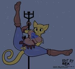 anthro boots breasts clothed clothing dancing edit embarrassed embarrassed_dancing feline female fur gloves hypnofood katia_managan khajiit mammal pole pole_dancing prequel pussy rektum ripping solo spread_legs spreading the_elder_scrolls video_games wide_hips yellow_fur