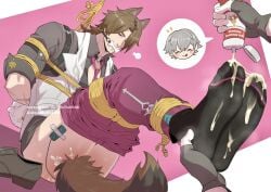 2boys anal_tail ass bara black_socks brown_hair caelus_(honkai:_star_rail) commentary doodlefish english_commentary fake_tail gagged gallagher_(honkai:_star_rail) grey_hair highres honkai:_star_rail honkai_(series) instagram_username male_focus multiple_boys pants red_pants remote_control_vibrator sex_toy shibari socks speech_bubble spoken_character tail trailblazer_(honkai:_star_rail) twitter_username vibrator yaoi