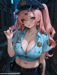 1girl ai_generated alley arlequin097 belt belt_pouch black_belt blue_shirt blush breasts cleavage closed_mouth collarbone collared_shirt condom condom_wrapper cowboy_shot crop_top earrings green_eyes hair_ornament hairclip hand_up hat heart heart_earrings holding holding_condom jewelry large_breasts lips long_hair looking_at_viewer midriff mole mole_on_breast navel nicole_demara night outdoors pants partially_unbuttoned pink_hair police police_hat police_uniform policewoman pouch shirt short_sleeves solo stomach sweat two_side_up uniform wet zenless_zone_zero