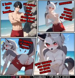 ai ai_generated comic female furrification furry hellhound helluva_boss looking_at_viewer loona_(helluva_boss) male red_eyes solo transformation transformation_sequence wolf