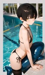 ai_generated ass black_hair boy crossdressing femboy socks swimwear yellow_eyes