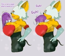 1girl anthro big_breasts cleavage deepthroat dialogue female_focus forced forced_oral green_eyes implied_oral mouth_open multiple_images randomart revealing_clothes rouge_the_bat shocked_expression shortstack slime sonic_(series) text tight_clothing