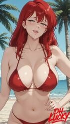 1girls ai ai_assisted ai_generated beach bikini breasts dh_lucky half-closed_eyes hentai kyuukyoku_no_sex_adventure_kamasutra large_breasts looking_at_viewer nipples ocean red_bikini red_hair shakty solo solo_female