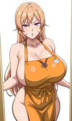 1girls ai_generated apron apron_only big_boobs big_breasts blonde_female blonde_hair curvy curvy_body curvy_female curvy_figure food_wars huge_breasts kyoru189 large_breasts light-skinned_female light_skin looking_at_viewer mature_female nakiri_erina nude nude_female purple_eyes shiny shiny_skin shokugeki_no_souma solo solo_female standing