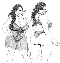 ass back_view belly_button big_ass big_breasts big_naturals black_and_white black_hair braided_ponytail breasts chubby chubby_female cleavage commission dumptruck_ass female female_only front_and_back front_view huge_ass huge_breasts large_breasts lingerie lingerie_only mole mole_on_breast monochrome nightgown plump_ass sexy sexy_body sexy_female solo solo_female tagme_(artist) thick thick_ass thick_body thick_legs thick_thighs