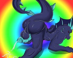 adamantine_lustre ass balls blue_dragon cum cumshot cyan_penis dragon erection fins horn male male_only masturbation orgasm penis plain_background rainbow_background red_eyes silver_shadowheart solo