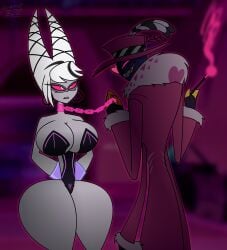 alternate_timeline alternate_universe carmilla_carmine chained_collar chained_cuffs chained_wrists dark_background dark_purple_background enslaved forced_clothes_wearing glowing_collar hands_behind_back hazbin_hotel hazbin_hotel_(season_2) hellaverse la-artist322_(artist) pink_collar revealing_outfit shaded slave slave_girl smoke smoking valentino_(hazbin_hotel)