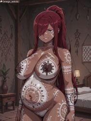 1girl ai_generated bed bedroom big_breasts brown_eyes conversion dark_skin dark_skinned_female erza_scarlet evil_grin evil_smile fairy_tail hair_over_one_eye huge_breasts long_hair naked naked_female omega_weirdo patreon pregnant pregnant_belly pregnant_female pregnant_sex red_hair solo solo_female solo_focus standing tribal tribal_corruption tribal_markings tribal_tattoo