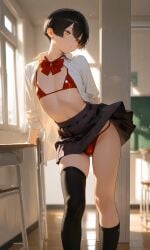 ai_generated ass black_hair boy crossdressing femboy plaid_skirt school_uniform socks yellow_eyes