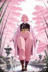 1girl ai_generated bangs boots breasts cherry_blossoms full_body hi_res high_quality high_resolution jigokuraku kiraamane looking_at_viewer patreon pink_hair pink_skin seductive sexy smile solo tao_fa tree uncensored watermark yellow_eyes