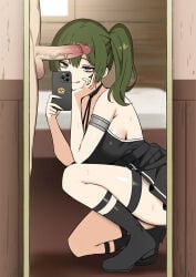 1boy 1girl :q alternate_universe black_boots boots breasts cellphone censored closed_mouth clothed_female_nude_male commentary_request contemporary erection green_hair hetero highres holding holding_phone land_(sousou_no_frieren) large_breasts looking_at_viewer mirror mirror_selfie mosaic_censoring nude penis phone purple_eyes selfie side_ponytail sky-freedom smartphone smile solo_focus sousou_no_frieren squatting testicles tongue tongue_out ubel_(sousou_no_frieren) veins veiny_penis