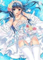 bangs blue_eyes blue_hair blunt_bangs blush breasts cum cum_on_body cum_on_breasts cum_on_upper_body dress female flower frills garter_straps gloves head_wreath long_hair looking_at_viewer mahouka_koukou_no_rettousei nipples open_mouth outstretched_arms panties shiba_miyuki solo thighhighs underwear wedding_dress white_gloves white_legwear white_panties yu_yu