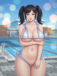ai_assisted ass_visible_through_thighs bangs belly_button bikini bikini_skirt black_hair blurry_background cleavage eyelashes frilled_bikini frills grey_eyes grok hair_tie hand_on_own_arm hourglass_figure large_breasts looking_at_viewer micro_bikini midriff nipple_outline particles pigtails poolside pussy_peek revealing_clothes rgomez007 sagging_breasts sailor_bikini school_pool schoolgirl self_upload shy_pose side_bangs sideboob skimpy_clothes slight_smile standing swimming_pool swimming_pool_ladder swimsuit thick_lips thick_thighs thigh_gap underboob wide_hips