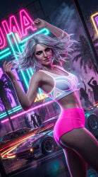 1girls ai_generated ass bubble_butt cd_projekt_red ciri female freckles freckles_on_face green_eyes light-skinned_female light_skin looking_at_viewer mascara minishorts night rain scar snowly48 solo solo_female the_witcher_(series) the_witcher_3:_wild_hunt white_hair