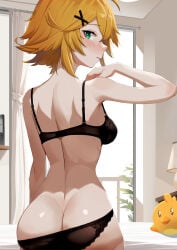 1girls black_lingerie blonde_hair butt_crack butt_focus dokibird green_eyes indie_virtual_youtuber looking_back_at_viewer panties_down vtuber