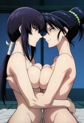 2girls big_breasts breasts_squeezed_together completely_naked completely_nude_female hugging_another indoors lesbian_sex long_hair looking_at_another ponytail rurouni_kenshin shounen_jump tied_hair tomoe_yukishiro yumi_komagata