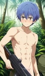 ai_generated assault_rifle athletic_male biceps big_dick big_penis brown_eyes dark_blue_hair date_a_live frowning gun hairless_armpits hairless_chest itsuka_shido jungle lean_male looking_away muscular_male nude_edit nude_filter nude_male pectorals serious_face serious_look six_pack