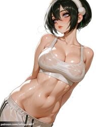 1girl abs ai_generated arlequin097 arms_behind_back avatar_legends avatar_the_last_airbender bare_shoulders black_hair blush breasts cleavage collarbone covered_nipples cowboy_shot drawstring groin hair_between_eyes hairband large_breasts linea_alba lips navel nickelodeon pants parted_lips patreon_username purple_eyes see-through shiny_skin short_hair simple_background solo sports_bra stomach sweat sweatpants toned toph_bei_fong track_pants wet wet_clothes wet_shirt white_background white_hairband white_sports_bra