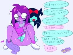 2girls aqua_skin ass black_hair black_highlights blue_background blue_skin blush blushing bottomless bottomless_with_shoes character_request clothed clothing coat dark_star_odyssey deltarune deltarune_chapter_5 dialogue english english_dialogue english_text eyelashes fang female female/female female_only genitals girl_on_girl glasses hair_ornament humanoid lesbian looking_at_another looking_back masturbating masturbating_other masturbation multiple_girls nerd nerdy_female notebook on_floor open_legs open_mouth panties_on_floor panties_removed pants_around_one_leg pants_down patience_soul_(undertale) perseverance_soul_(undertale) pink_socks purple_hair purple_skin pussy red_ribbon ribbon round_glasses seth_(deltarune) shoes shoes_without_bottomwear short_hair simple_background simple_shading slightly_annoyed socks spread_legs sweater teeth text text_bubble two-tone_hair undertale_(series) watermark white_shoes yuri