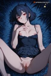 1girl ai_generated black_clover black_hair clothed looking_at_viewer lying outdoors pussy red_eyes secre_swallowtail short_hair spread_legs zuicy