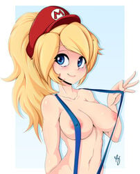 areolae blonde_hair blue_eyes blush breasts cleavage crossplay erect_nipples female female_only hat human large_breasts looking_at_viewer mario_(cosplay) mario_(series) midriff naked_suspenders nintendo nipples ponytail princess_peach solo suspenders teebreakers tied_hair topless_cosplay