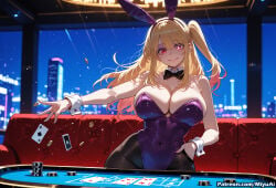 1girl ai_assisted ai_generated animal_ears bangs bare_shoulders blonde_hair bow bowtie breasts bunny_ears bunny_girl bunny_tail bunnysuit card cleavage curvaceous curvy curvy_female curvy_figure detached_collar dutch_angle eyebrows_visible_through_hair fake_animal_ears female hoshino_ruby large_breasts leotard long_hair looking_at_viewer miyuai oshi_no_ko pantyhose playing_card poker_chip red_eyes smile solo strapless strapless_leotard tail thick thick_ass thick_butt thick_hips thick_legs thick_thighs voluptuous voluptuous_female wide_hips wide_thighs wrist_cuffs