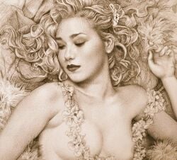 1girls 2017 arantza_sestayo artistic_nude big_breasts breasts eyes_closed female female_only flower_necklace necklace nipples on_back solo traditional_media_(artwork) wavy_hair
