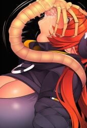 1girls ai_generated alien alien_(franchise) big_breasts black_jacket blush breasts cleavage clothed clothed_female clothing crossover curled_horns deepthroat face_fucking facehugger female female_focus interspecies jacket long_hair long_sleeves monster oral oral_penetration orange_hair orphie_magnusson pointy_ears throat_bulge zenless_zone_zero