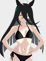 1girl 1girls absurdres ahoge animal_ears bikini black_bikini black_hair breasts contrapposto cowboy_shot ear_tag earrings hair_between_eyes hands_on_own_hips highres horse_ears horse_girl jewelry long_bangs long_hair looking_at_viewer manhattan_cafe_(umamusume) midriff navel small_breasts solo swimsuit tummy umamusume umamusume_pretty_derby yellow_eyes