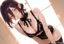 1girl ai_generated backlighting bangs bare_shoulders black_bra black_choker black_hair black_panties black_ribbon black_thighhighs blush bra breasts chainsaw_man choker cleavage closed_mouth collarbone green_eyes hair_between_eyes hair_bun heart indoors kermixx lingerie looking_at_viewer medium_breasts panties reze_(chainsaw_man) ribbon shiny shiny_skin short_hair single_hair_bun smile solo sweat thighhighs underwear underwear_only wet window